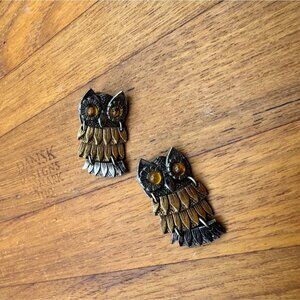 Vintage Signed Park Lane Owl Bird Silver GoldTone Lucite Eyes Dangle ClipOn Earr